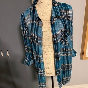 Sequin Plaid Blouse - Turquoise Loose “Flannel”
